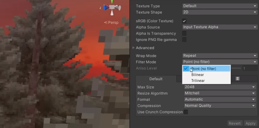 복고풍 느낌을 위한 Unity 이미지 가져오기 설정입니다.
